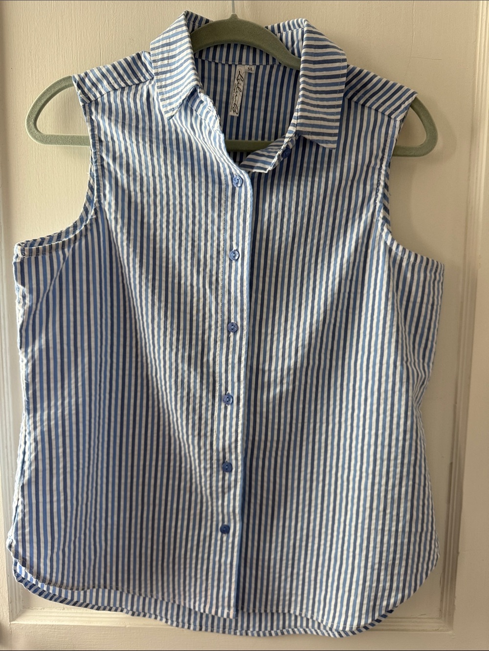 Sleeveless Blue & White Vertical Stripe Button Front Top